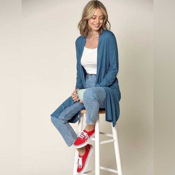 Women's Solid Long Sleeve Open Front Long Cardigan - Picture 4 of 6